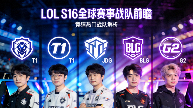 LOL电竞竞猜S16战队前瞻配图，多支全球赛事热门战队队标与选手合影画面