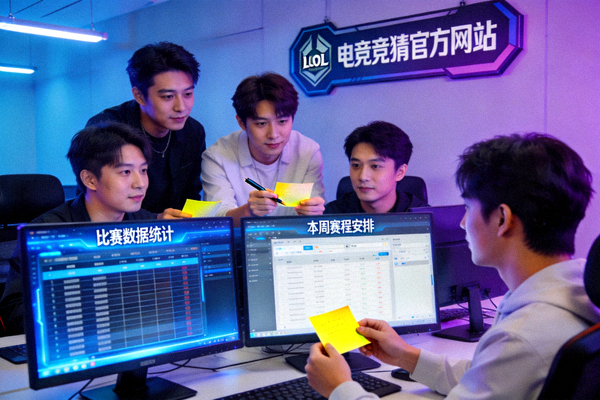 LOL电竞竞猜官方网站赛事资讯编辑团队工作场景配图，展示电竞比赛数据整理与赛程编辑画面