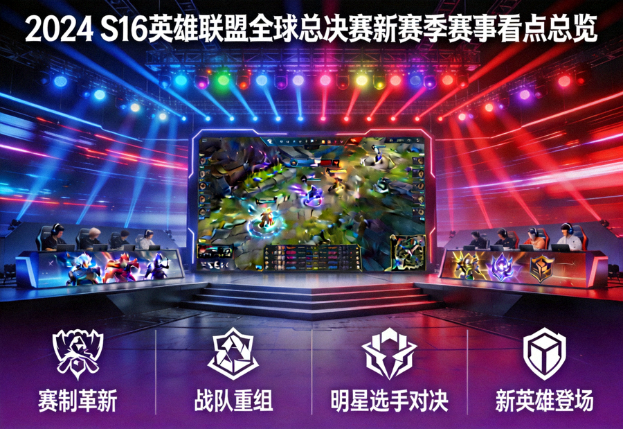 S16英雄联盟全球总决赛新赛季赛事看点总览配图，电竞舞台灯光与选手对战大屏画面