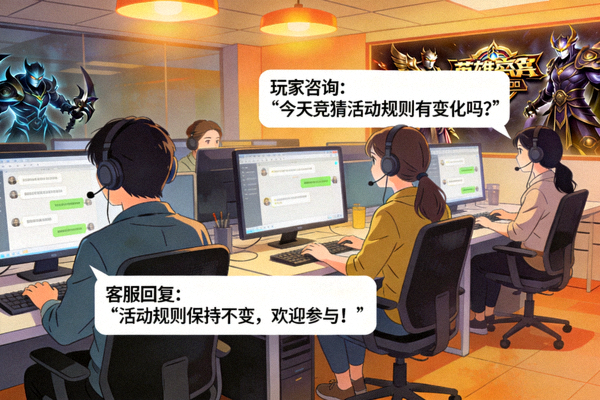 英雄联盟竞猜大厅客服团队在线答疑工作画面配图，展示客服人员处理玩家咨询的场景