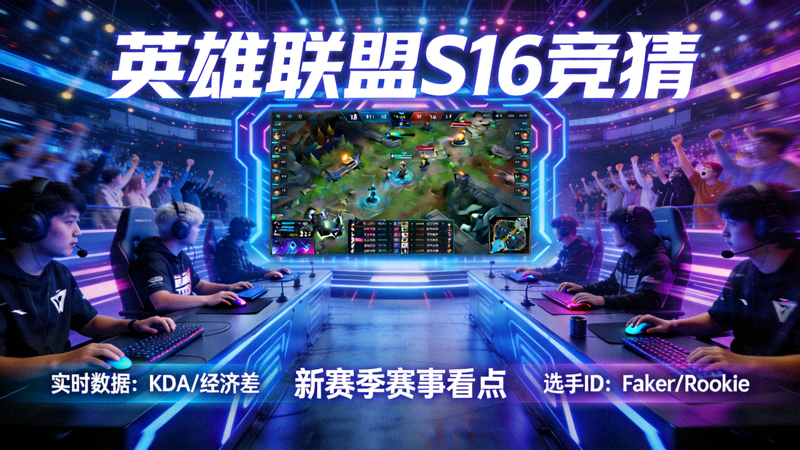 英雄联盟S16竞猜动态配图，电竞舞台大屏与选手对战画面，用于展示新赛季赛事看点