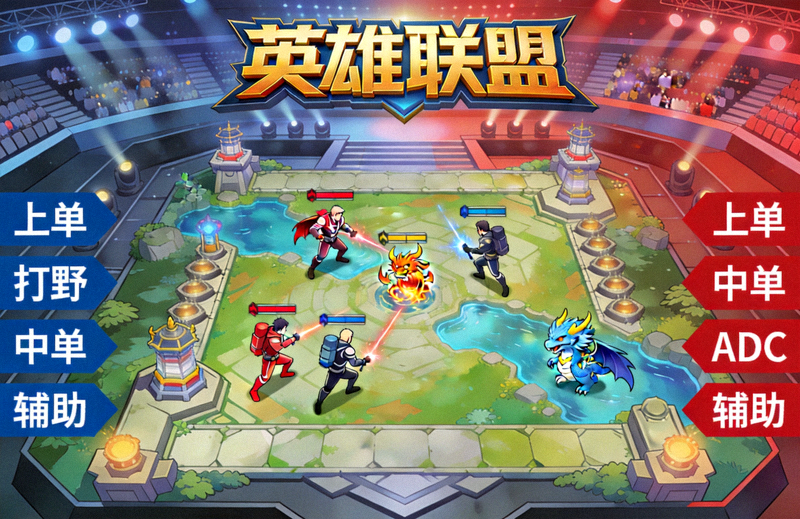 英雄联盟召唤师峡谷对战场景示意图，展示五人团队在电竞舞台上协作对抗的画面